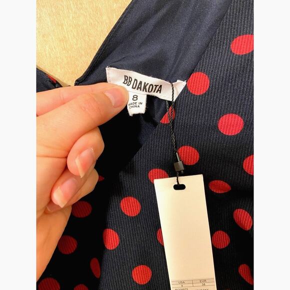 BB Dakota Dress NWT Midnight Sky Blue Red Polka Dots Size 8 Swing Dance Dress - Picture 9 of 11